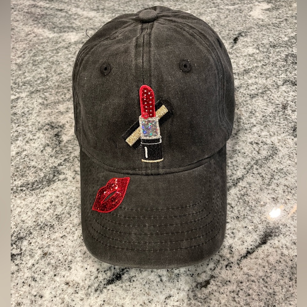 New Custom Designed Brushed Black Baseball Cap with Lipstick and Lips.